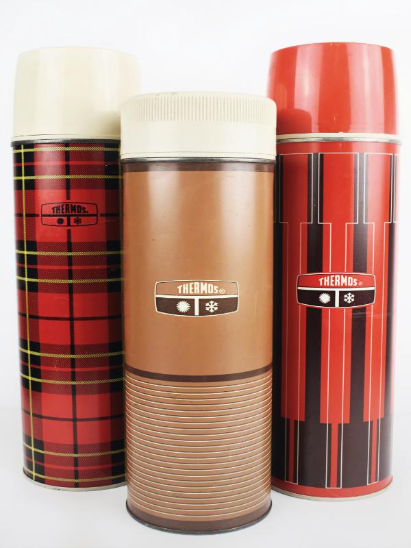 three-thermos-plaid-brown-vintage-retro