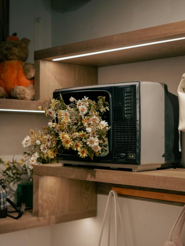 retro-tv-with-flowers-coming-out-on-shelf